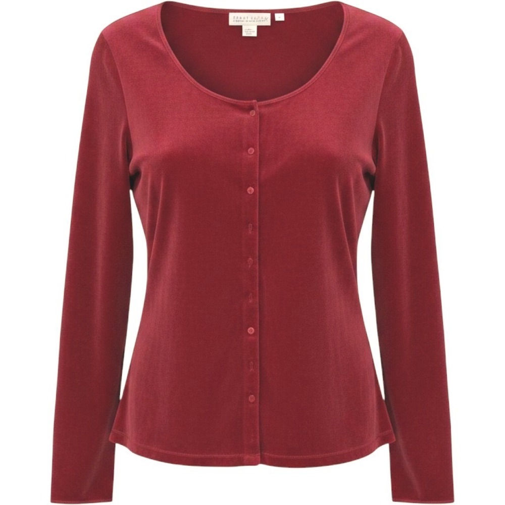 First Issue Liz Claiborne Red Velour Button Front Cardigan Top Silver Buttons XS